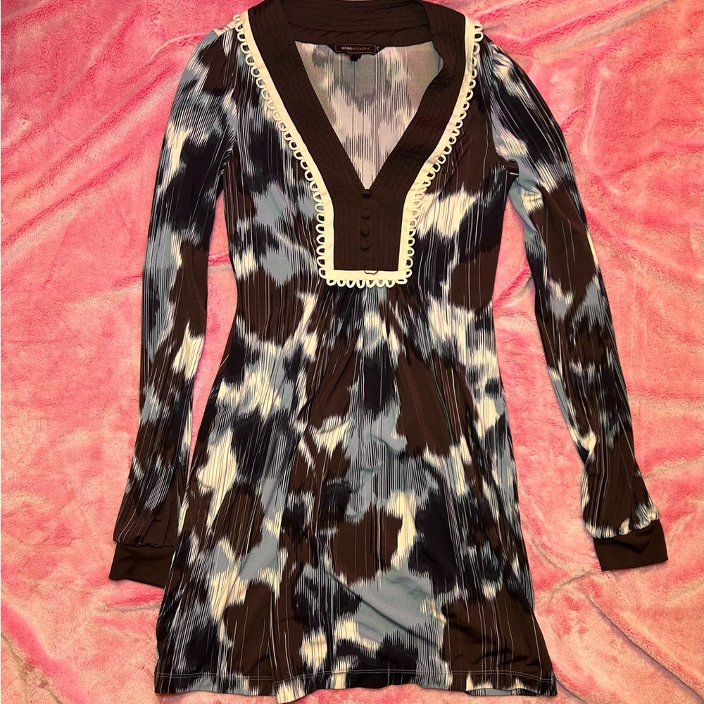 EUC xxs BCBGMAXAZRIA multicolor brown blue white dress